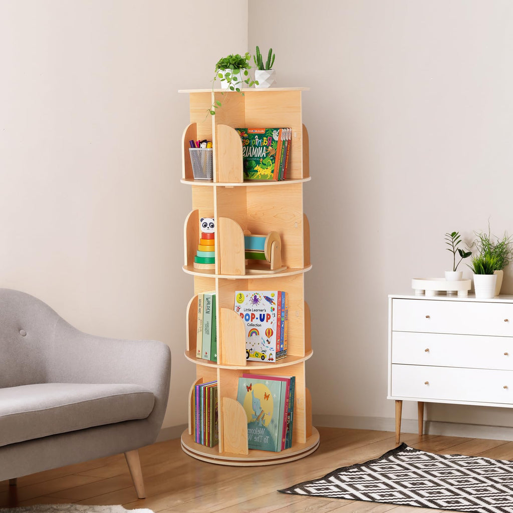 4-Tier Rotating Bookshelf Tower, 360°Display Wooden Spinning Bookcase