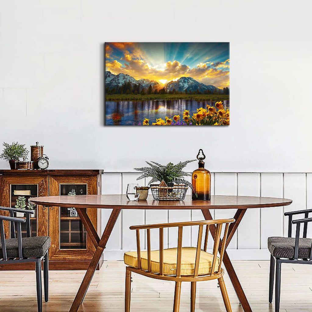 Sunset Grand Teton Mountain Wall Art Office National Park Forest Picture Canvas Painting 24x36", Sunflower Landscape