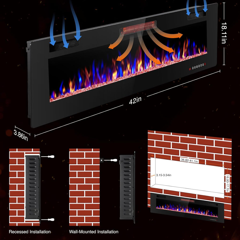 42" Electric Fireplace with Remote Ultra-Thin & Quiet Wall-Mounted Recessed Heater, Adjustable 12-Color Flame