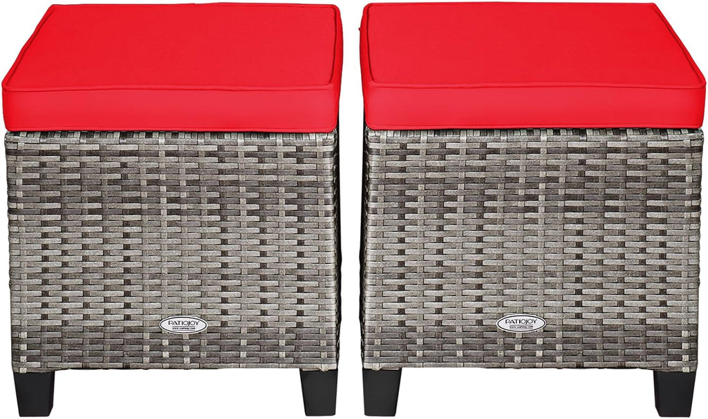 Patio Ottoman Set of 2, Outdoor Rattan Wicker Ottoman Seat with Removable Cushions, Patio Furniture Footstool