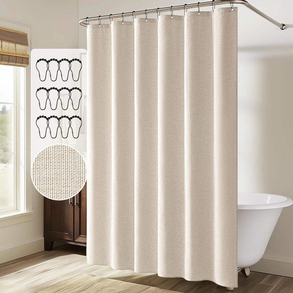 72 x 90 Extra Long Linen Shower Curtain Cream Beige 12 Metal Hooks