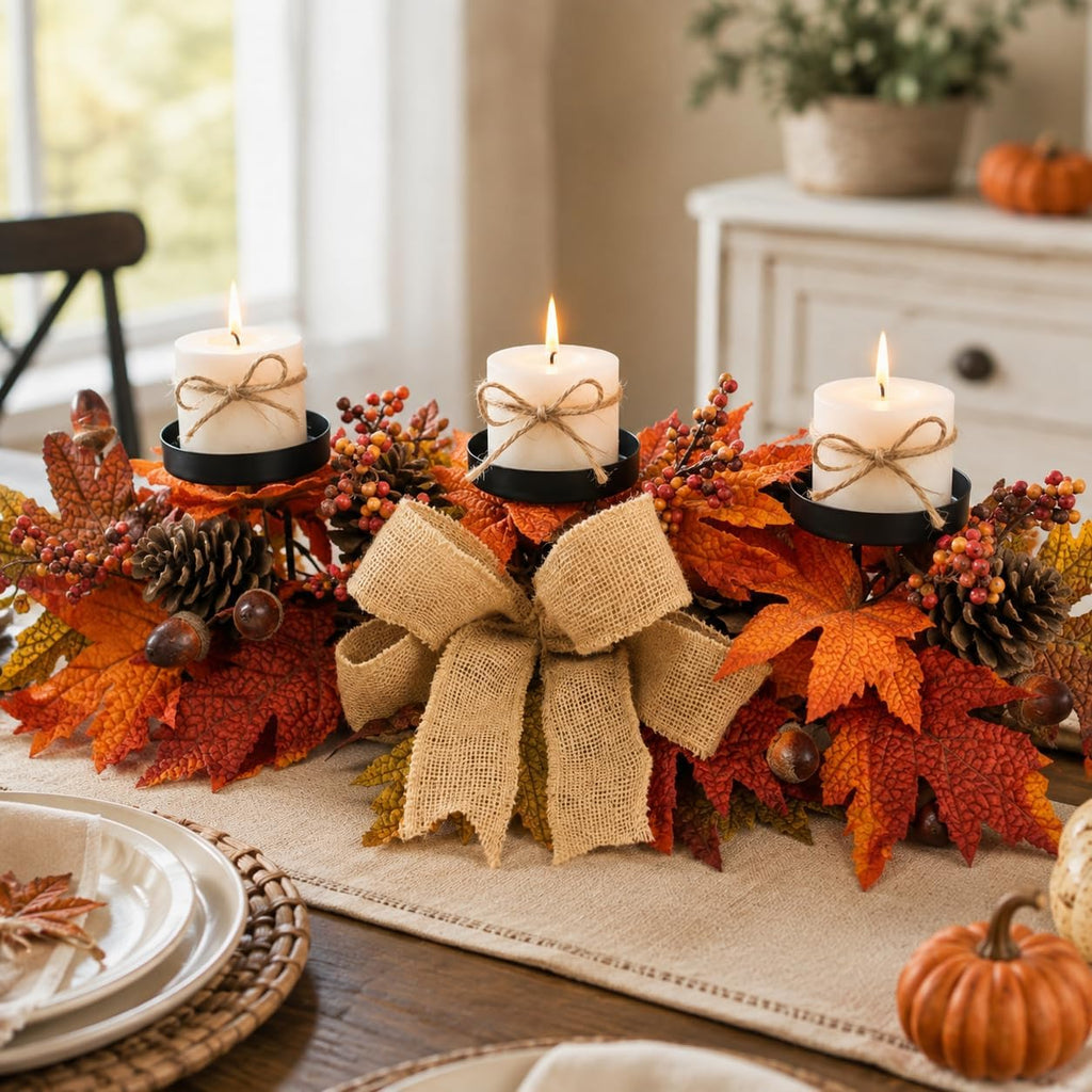 Fall Candle Holder Centerpiece with Maple Leaves, Pinecones, Berries & Burlap Bow,Thanksgiving Table Centerpiece