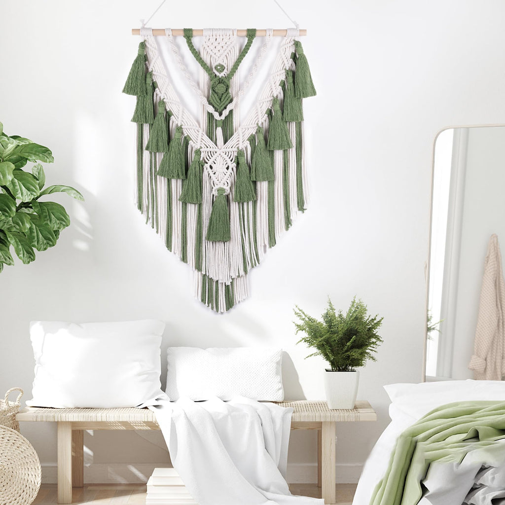 Green Macrame Wall Hanging Boho Macrame Wall Decor with Yarn Tassel Bohemian Tapestry Woven Wall Art Bedroom Home