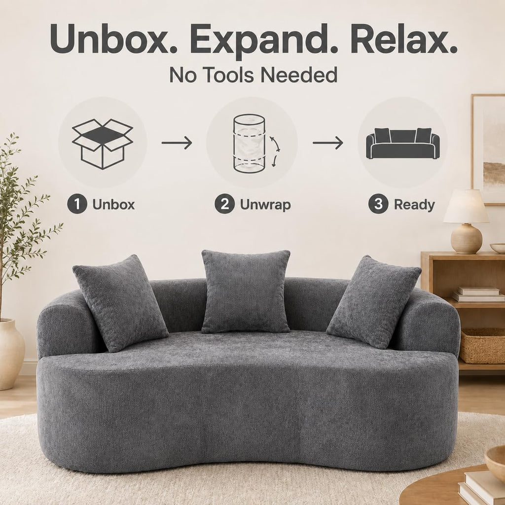 Curved Loveseat for Small Spaces, Curved Couches, Compression in a Box with 3 Pillows, Small Couch with Armrest