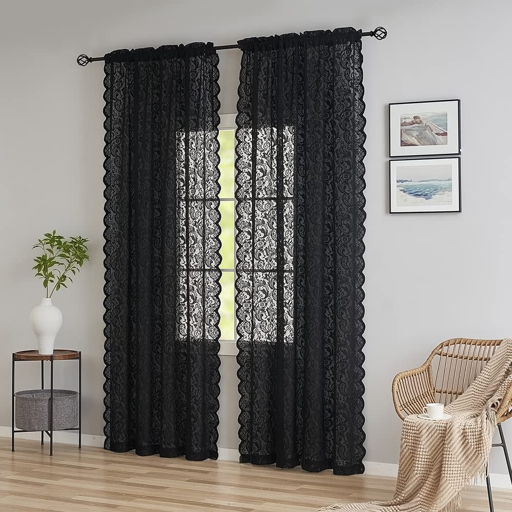 Black Lace Curtains 72 inch Length 2 Panels Set -Vintage Paisley Black Sheer Curtain Panels Gothic Curtains French