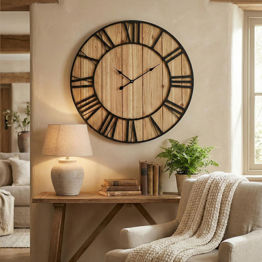 Large Farmhouse Wall Clock 30 Inch Vintage Brown Wooden Wall Clock with Quiet Ticking and Minimalist Roman Numerals