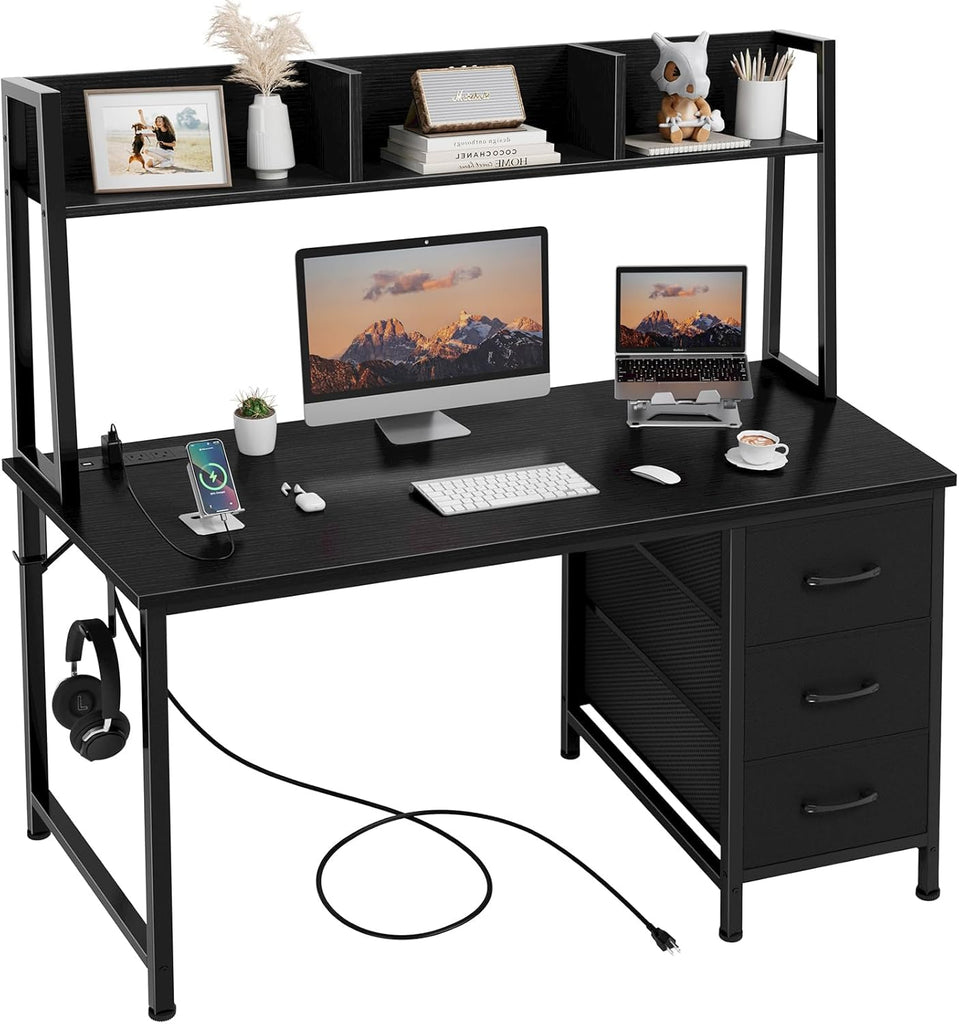 Black Computer Desk with Hutch & Drawers - Office Desk with 3 Storage Drawers and Power Outlets