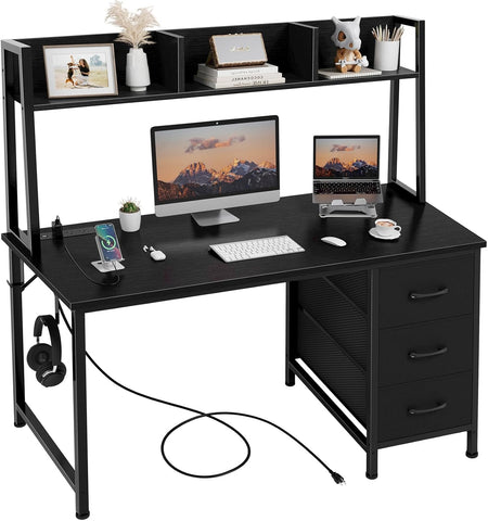Black Computer Desk with Hutch & Drawers - Office Desk with 3 Storage Drawers and Power Outlets