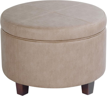 Home Decor | Upholstered Faux Leather Round Storage Ottoman | Ottoman with Storage , Taupe Brown