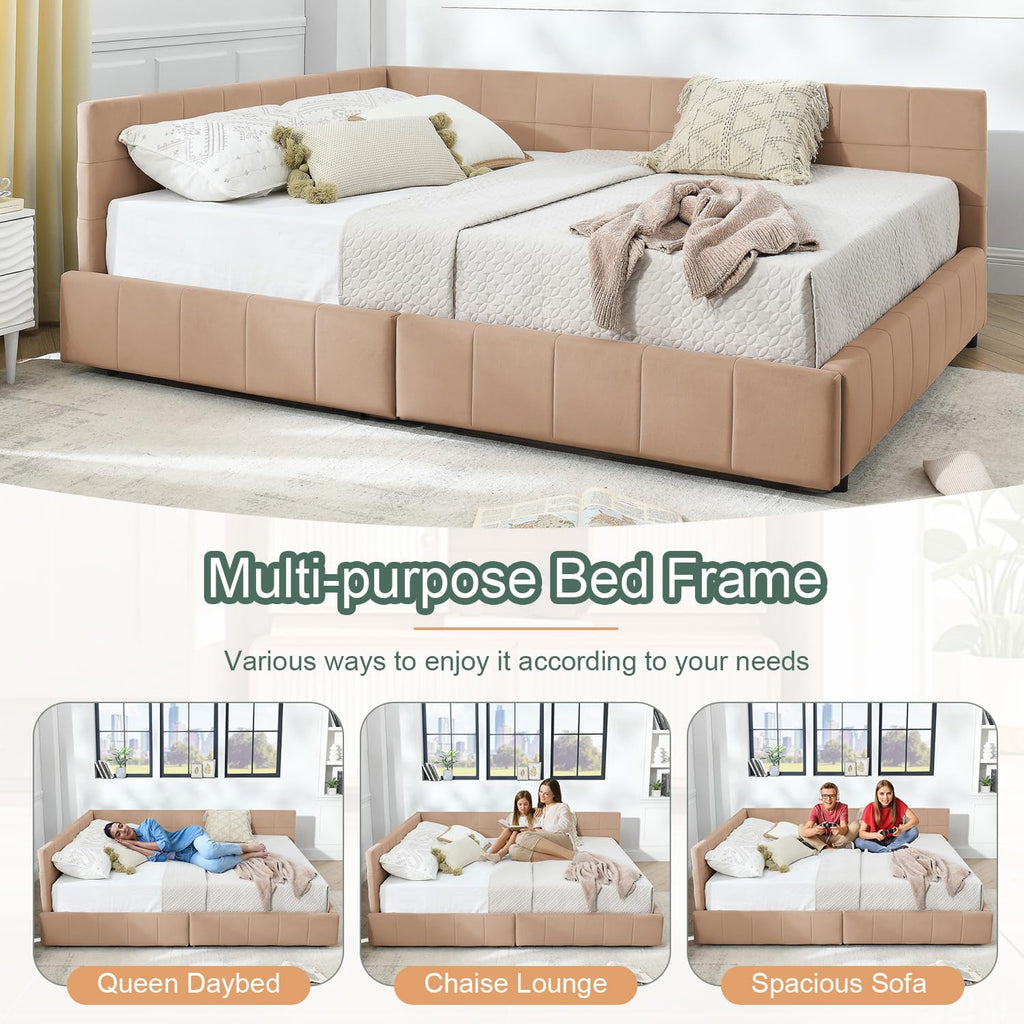Queen Daybed with Storage Drawers, Modern Corner Tufted Velvet Upholstered Queen Size Sofa Day Bed Frame with Wooden