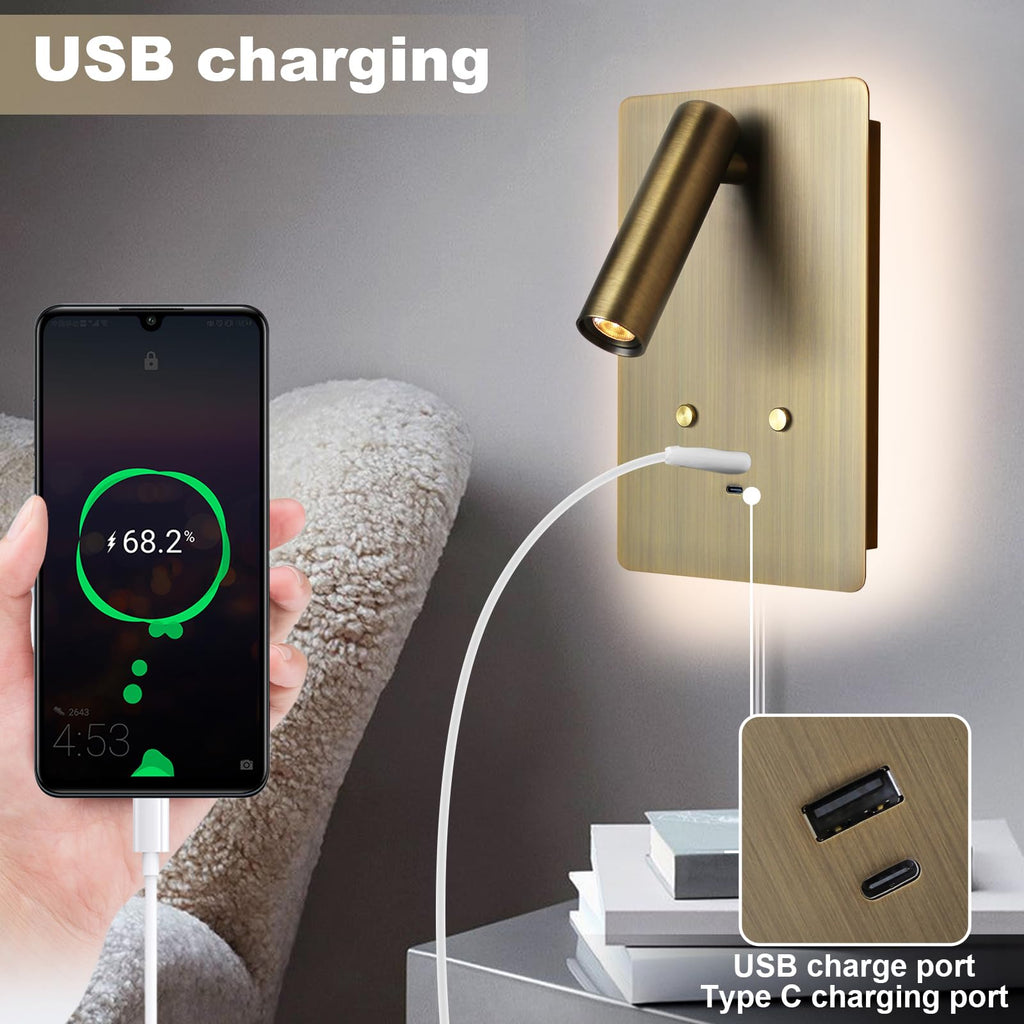 Wall Mounted Reading Light Set of 2,Dimmable Adjustable Headboard Plug in Wall Sconce with USB A+C Ports,Touch