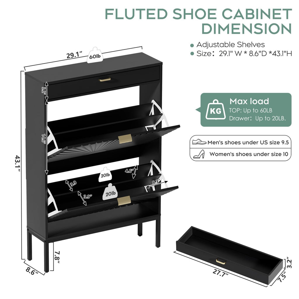 Shoe Cabinet with Sun Pattern Doors, Modern 2 Flip Drawer Entryway Shoe Organizer, Hidden Shoe Rack with Small Drawer