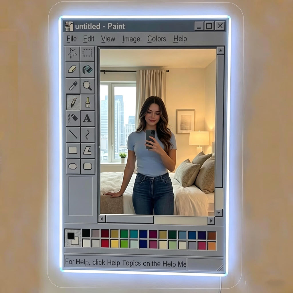 Retro Classic PC Drawing Software UI Mirror Neon Sign, Vintage Old Computer Style LED Light Up Mirror, Nostalgic