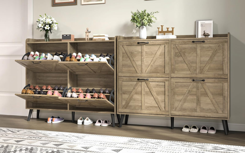 Farmhouse Shoe Cabinet Storage with 4 Flip Drawers, Rustic Oak丨Shoe Cabinet Slim, Freestanding Shoe Cabinet
