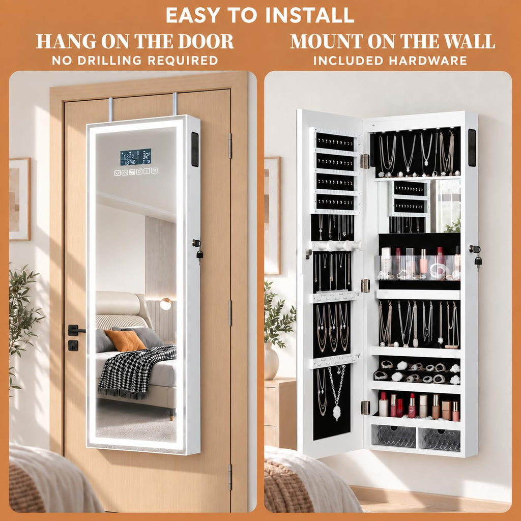 LED Mirror Jewelry Cabinet, Bluetooth Speaker, Full Length Mirror, White