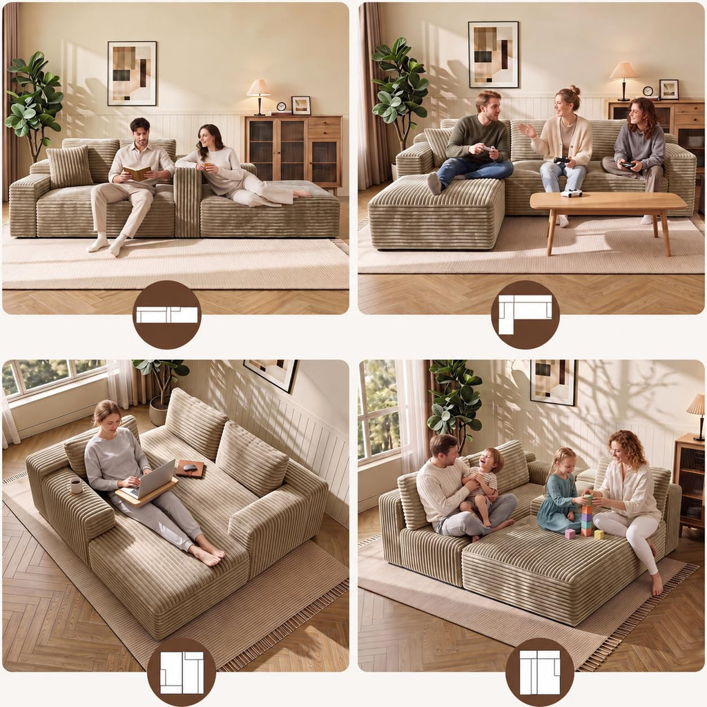 Shape Sectional Couches, 3 Seater Sectional Sofas Bedroom, Boneless Couch Sofa (Camel, Left Facing Chiase, 106 inch)