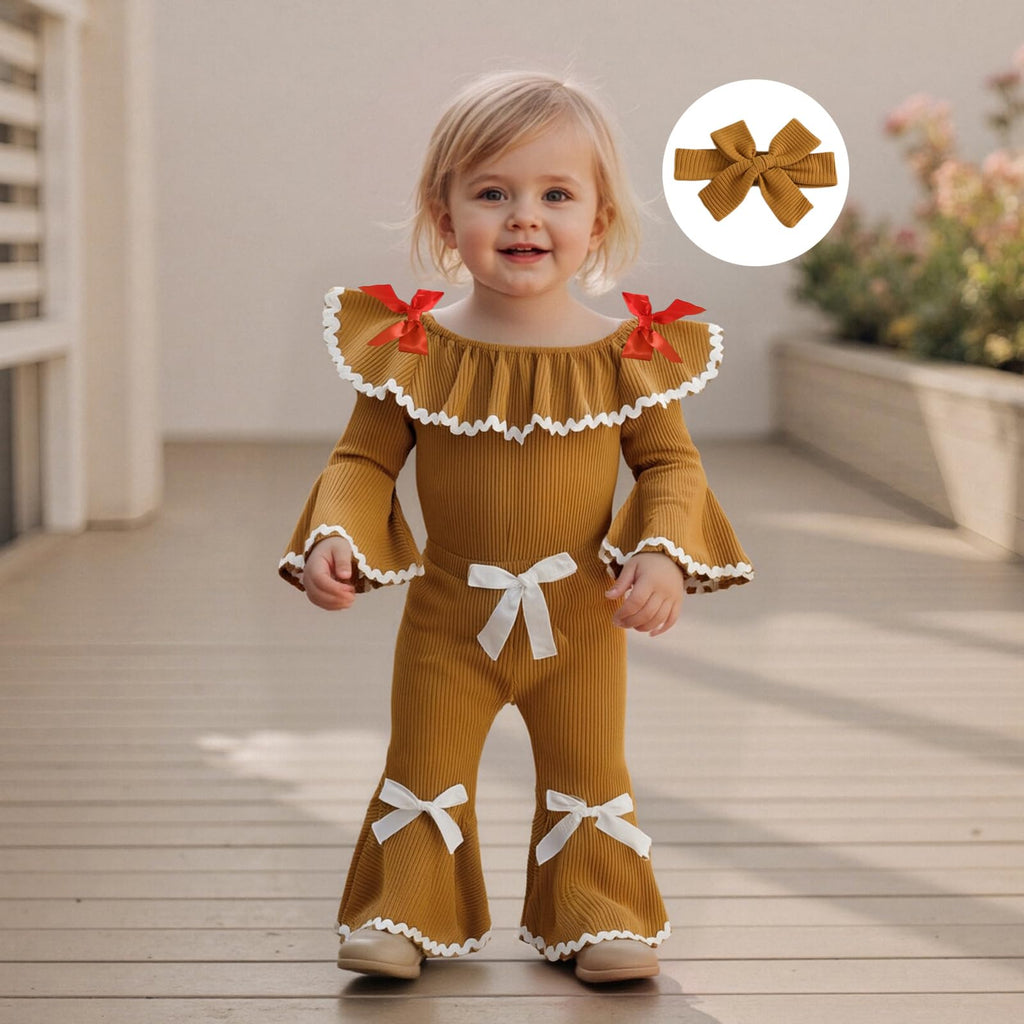 My First Christmas Baby Girl Outfit Newborn Onesie Ribbed Knit Gingerbread Romper Bell Bottoms Set Infant Clothes (F