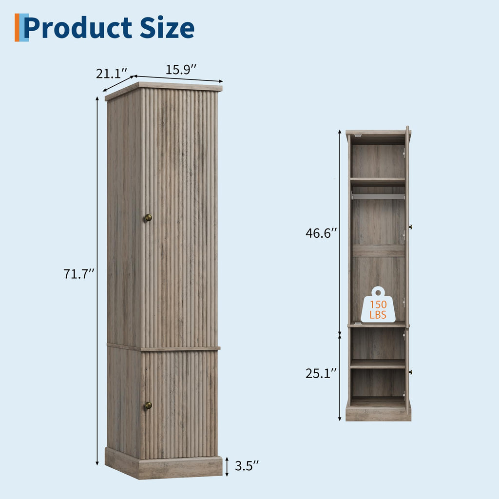 72" Wood Armoire Wardrobe Closet, Fluted, Narrow, Retro Gray
