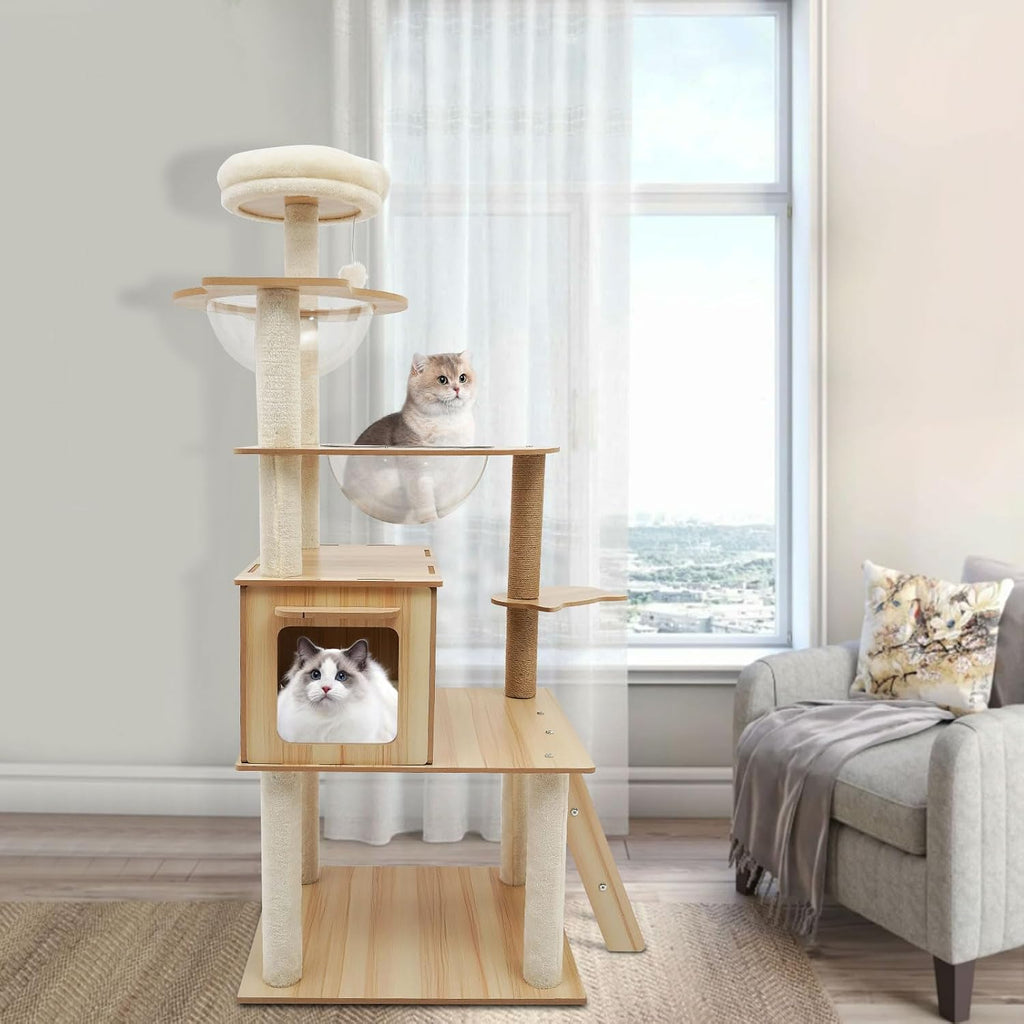 Wood Cat Tree, Modern 5-Tier Wooden Cat Tree, Wooden Tower with Acrylic Space Capsules & Sisal Scratching Post