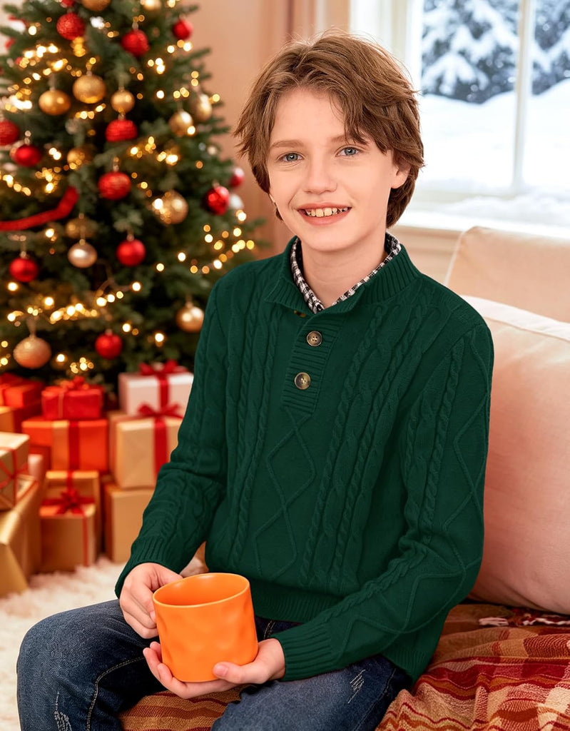 Boys Winter Cable Knit Sweater Mock Neck Button Pullover