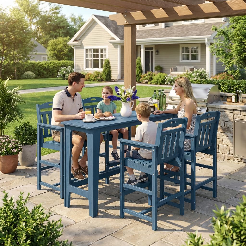 Outdoor Patio Bar Height Table and Tall Adirondack Chairs Set of 2, All-Weather HDPE High Top Long Rectangle Pub