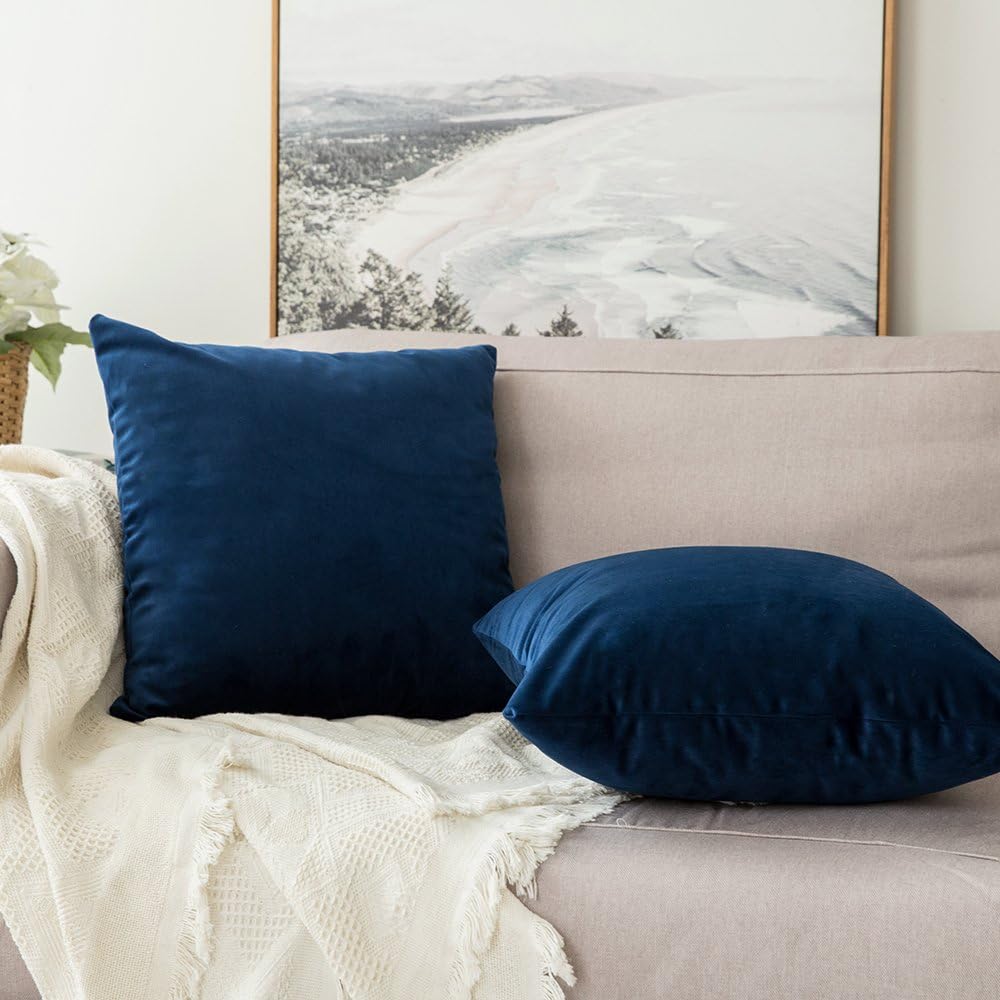 Velvet Throw Pillow Covers 18x18 Inch, Pack of 2 - Dark Blue, Super Soft Decorative Square Cushion Cases Modern