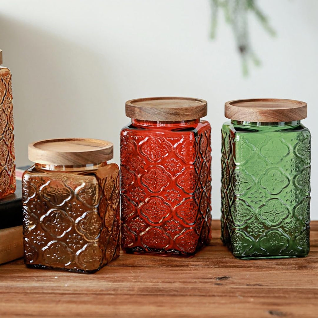34 oz Square Green Begonia Glass Jar, Vintage Food Canister with Wooden Lid