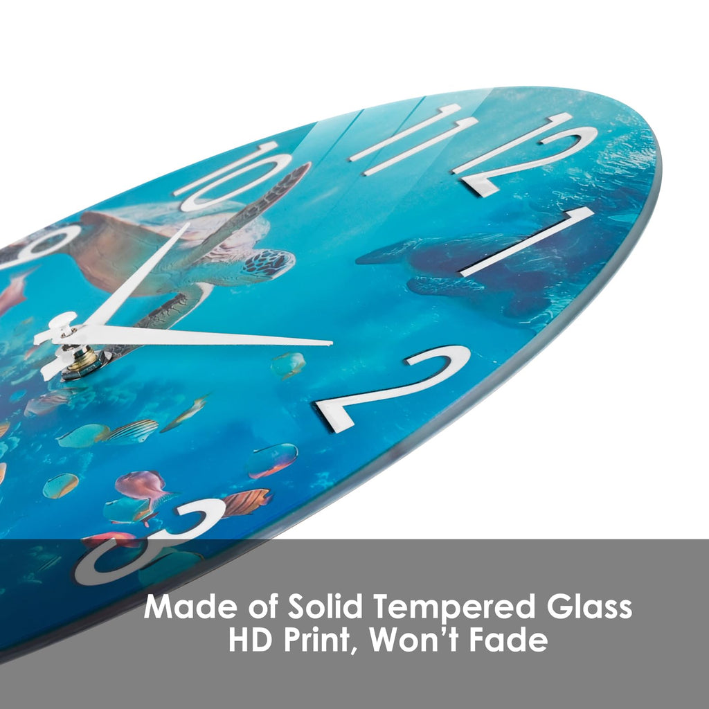 14 Inch Outdoor Clock - Waterproof Tempered Glass with Sea Turtle & Marine Life Theme, UV Resistant, Silent Nautical