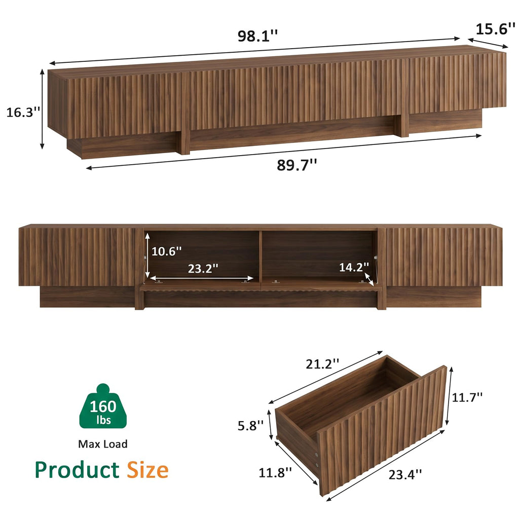 98" TV Stands, Fluted Entertainment Center, Walnut