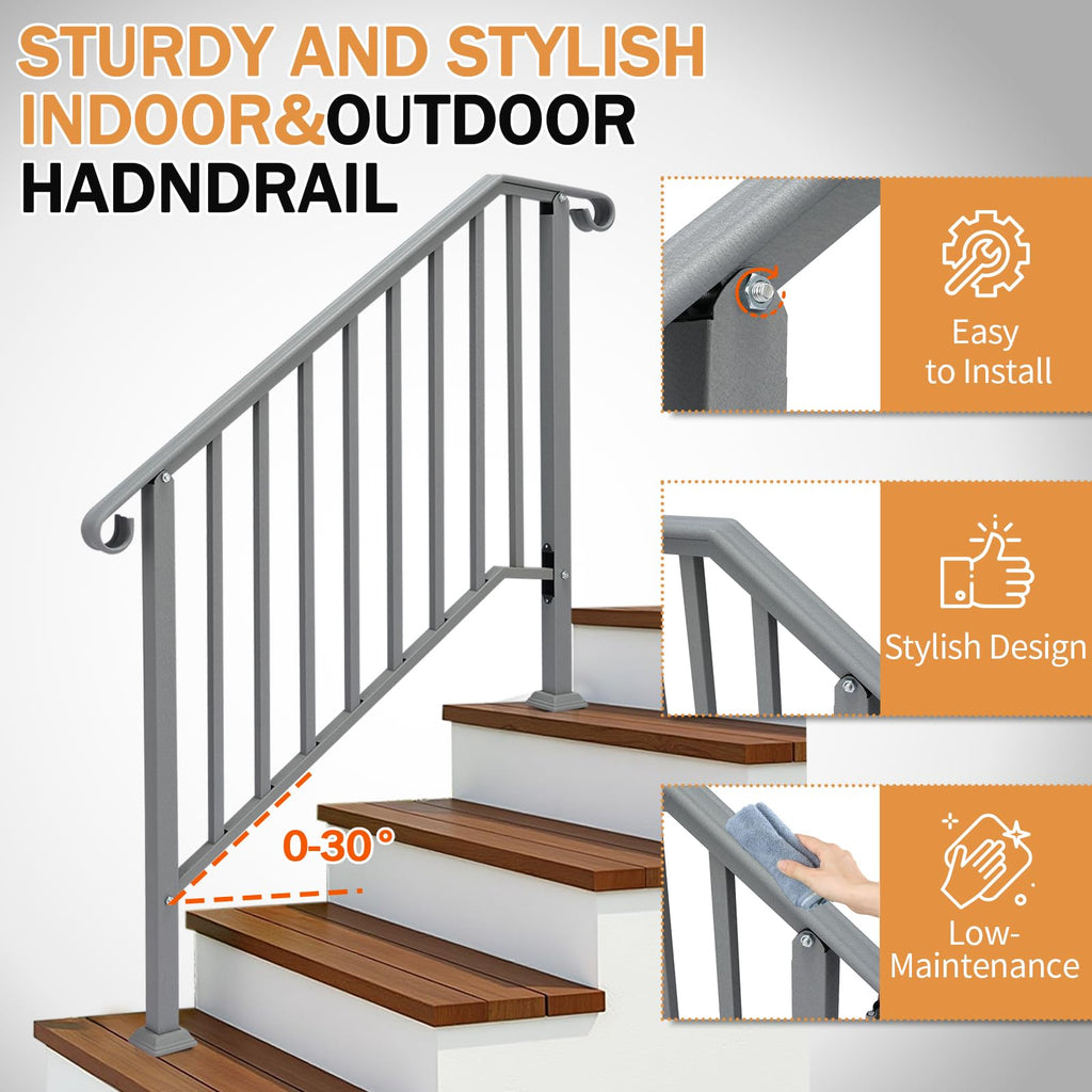 Handrails for Outdoor Steps, Stair Handrail Fits 1 to 5 Steps, Wrought Iron Hand Rail Stair Railing Kit for