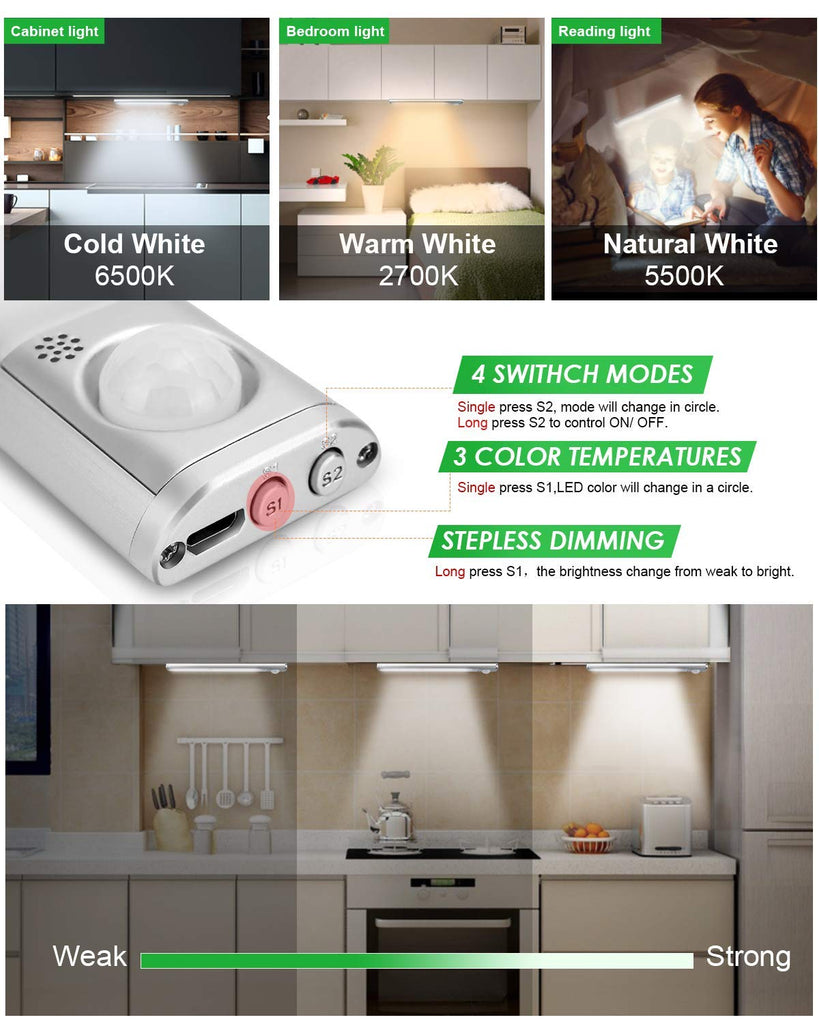 Under Cabinet Lighting, 80 LED Motion Sensor Light Indoor, Rechargeable Closet Light, 3 Color Temps Under Cabinet