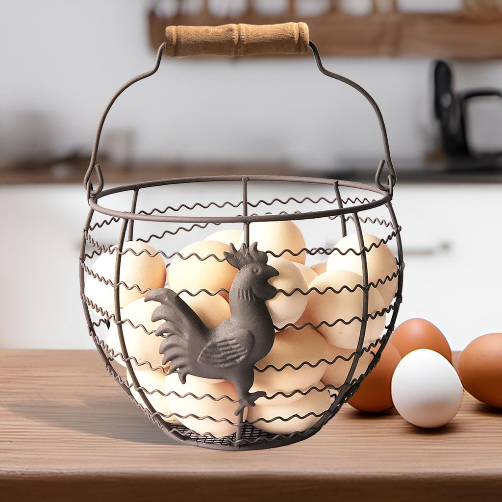 Wire Egg Basket for Gathering Fresh Eggs, Rustic with Rooster & Wood Handle
