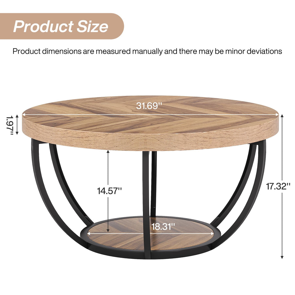 31.7" Round Wooden Coffee Table with Storage Pedestal