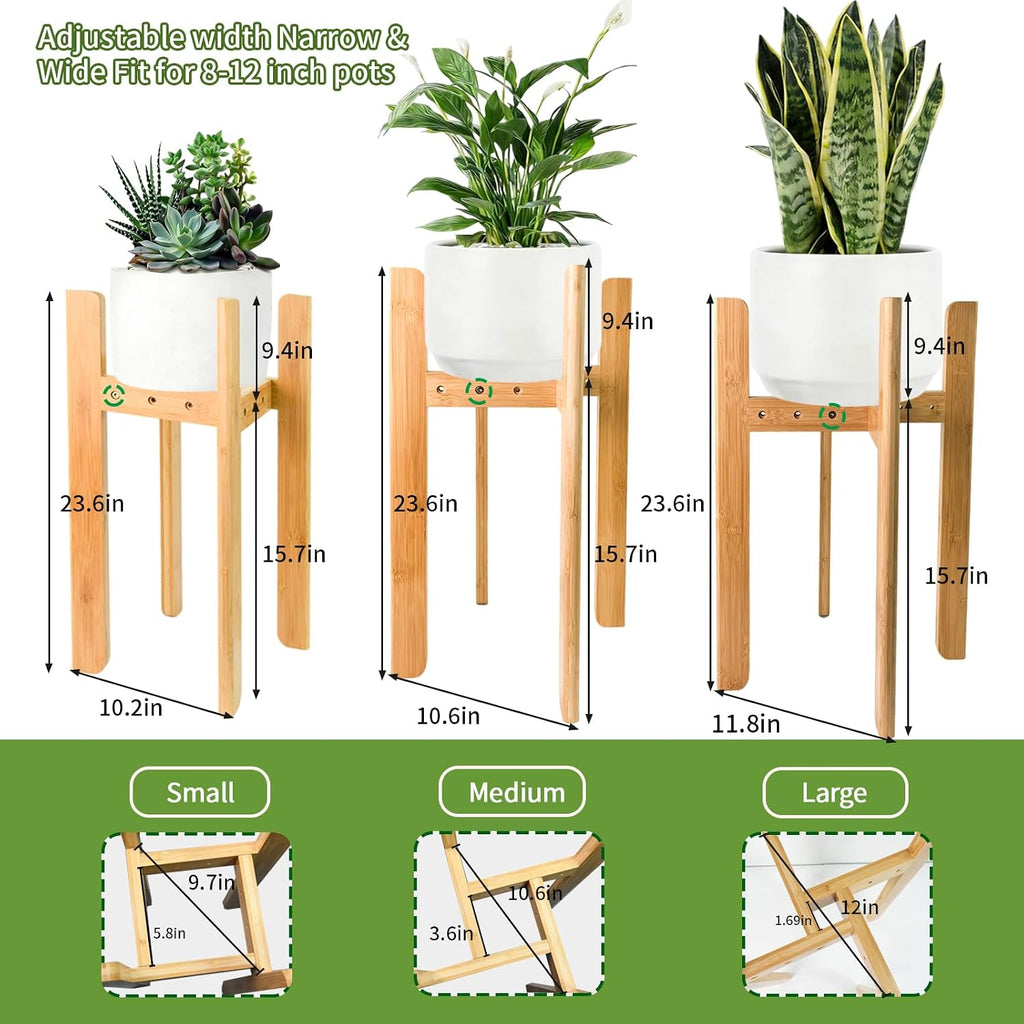 23.6" Tall Adjustable Plant Stand Indoor Flower Holder Fits 8-12 Inch Pots | Sturdy, Bamboo, Modern Mid Century