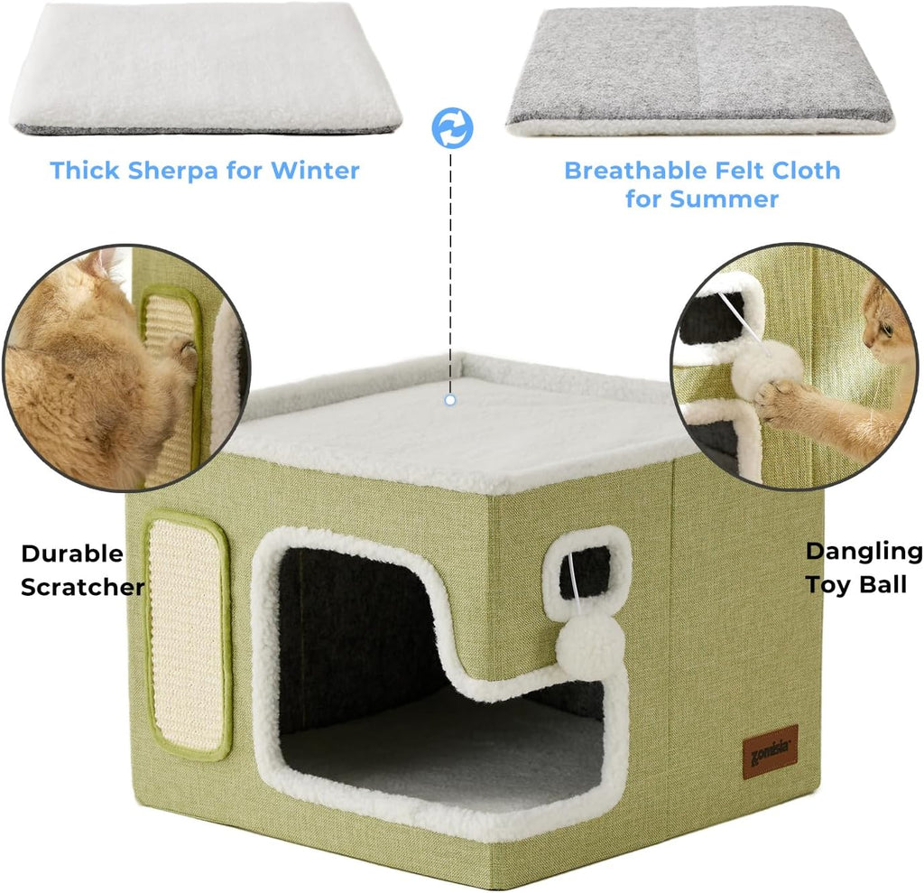 Cat Beds for Indoor Cats - Large Cat House for Pet with Fluffy Ball Hanging and Scratch Pad, Foldable Cat