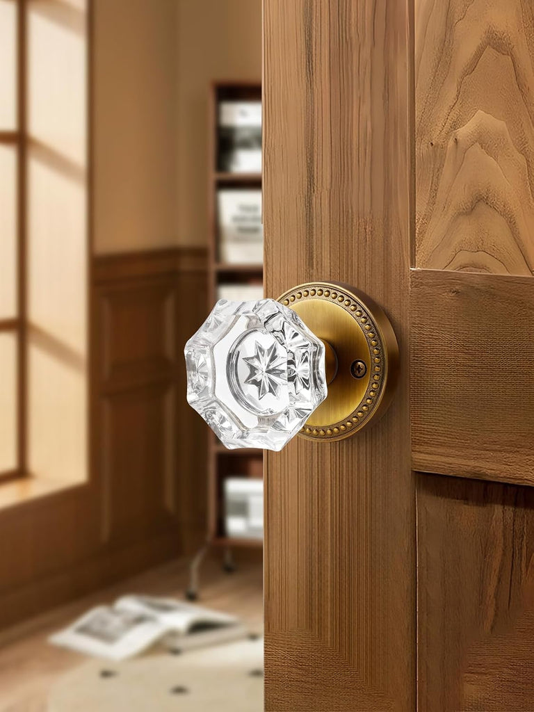 Door Knob Antique Brass Privacy Crystal Glass Interior 1 Pack