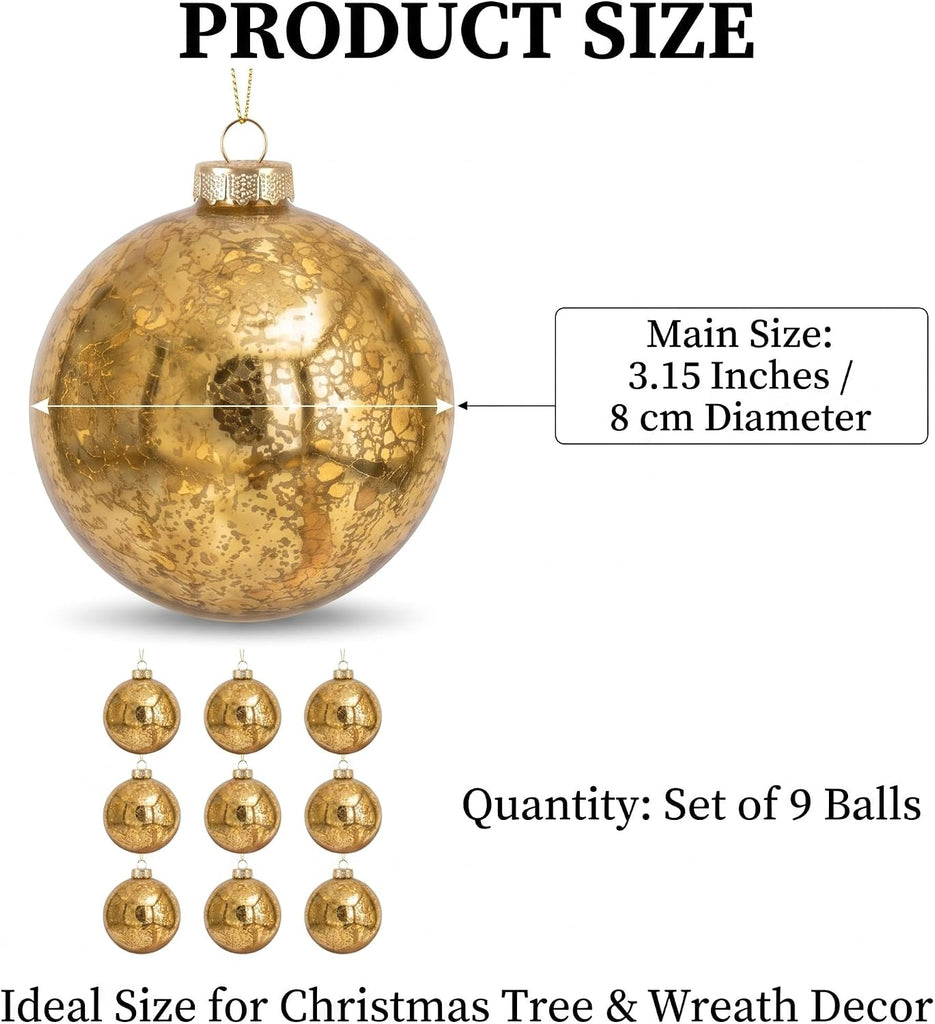 Gold Mercury Glass Christmas Ornaments, 3.15'' Vintage Xmas Hanging Baubles