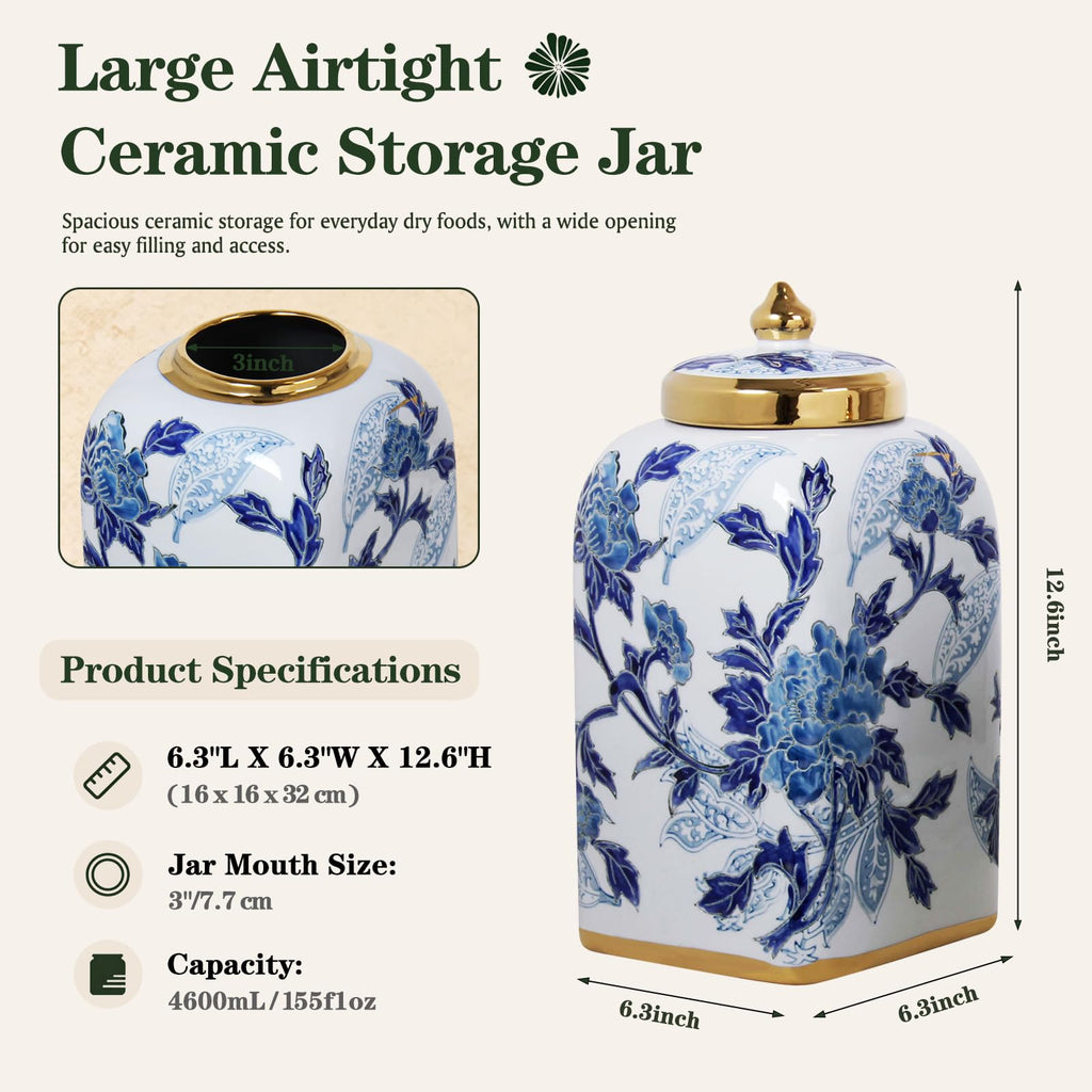 12.5" H Ceramic Kitchen Canisters for Countertop, Tea & Coffee Bean Storage Canister with Airtight Lid, Blue and