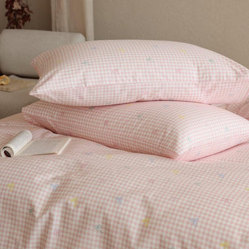 Pink Gingham Cotton Duvet Cover 3 Pcs, 100% Cotton Duvet Cover with 2 Pillowcases, Rustic Aesthetic