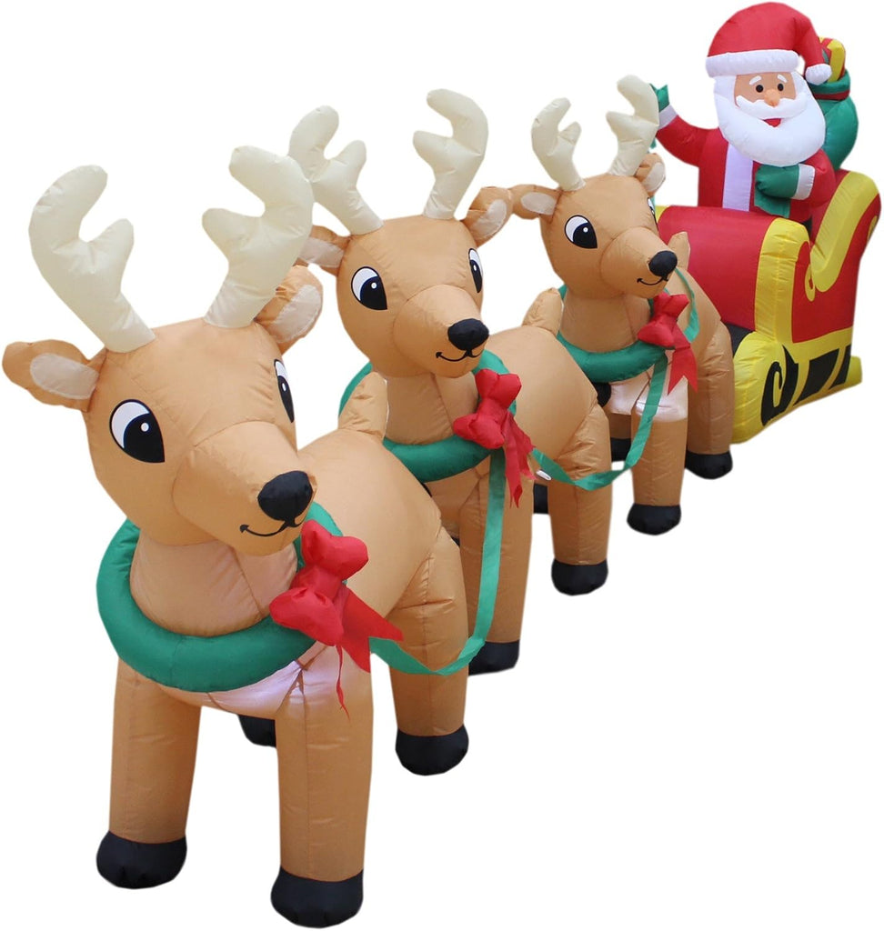 12 FT Long Lighted Christmas Inflatable Santa on Sleigh with 3 Reindeers