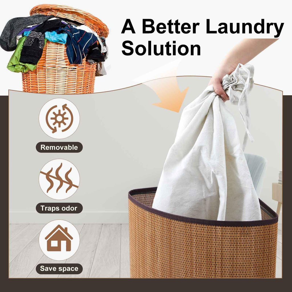 Corner Bamboo Laundry Hamper with Lid, Natural Brown, Woven