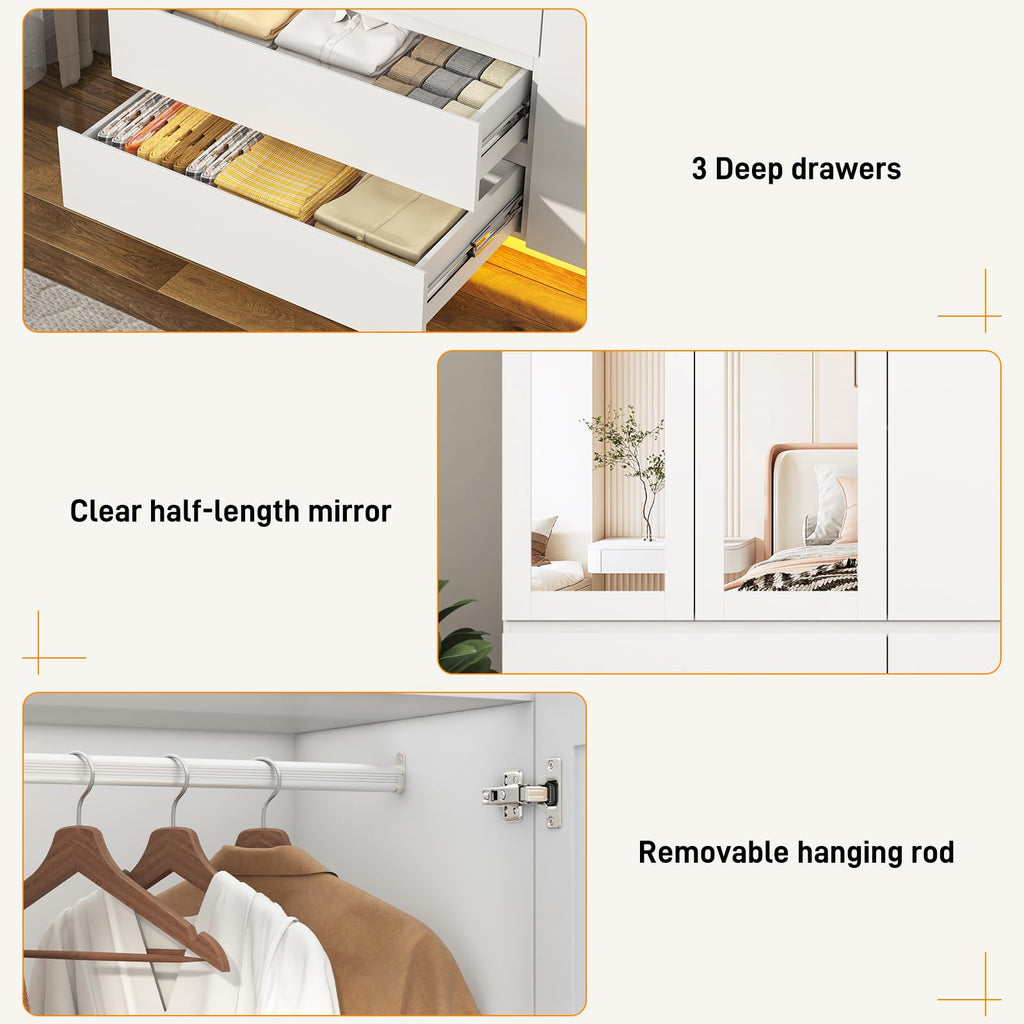 75"H Tall Modern 3 Doors Wooden Armoire Wardrobe Closet with 3 Drawers & 2 Mirror, Clothing Storage Cabinet with