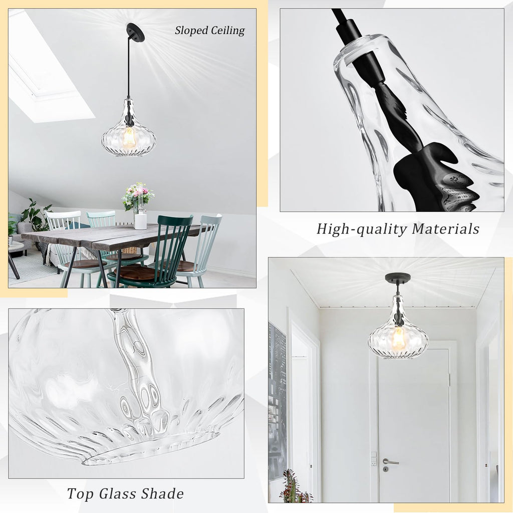 11" Clear Hammered Glass Pendant Light, Black Kitchen Island Light