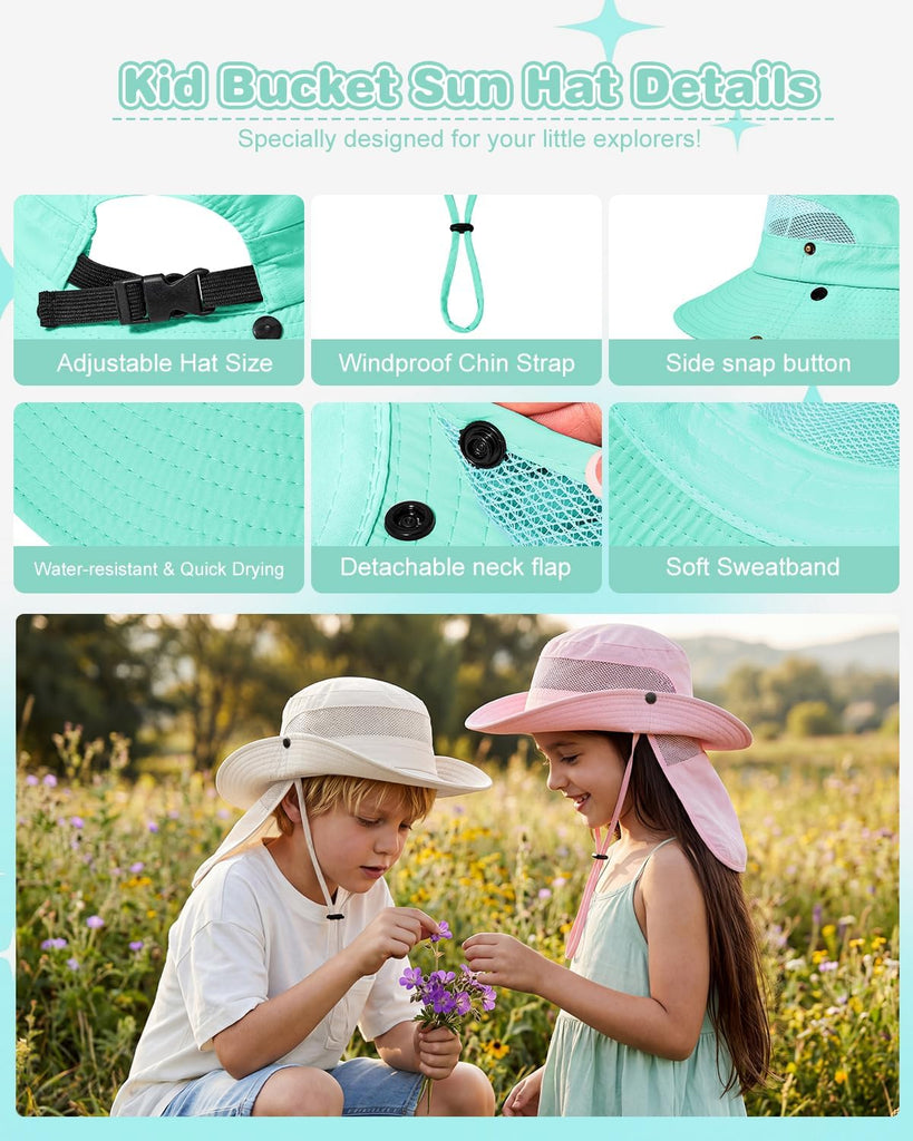 Kids Sun Hat with Ponytail Hole & Detachable Neck Flap UPF50+ Quick Dry Girls Bucket Hat for Outdoor Beach