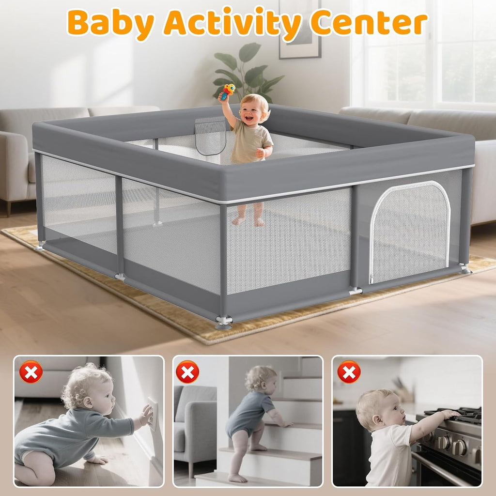 Baby Playpen 50"x50" for Toddlers Play Yard with Pull Up Rings and Gate