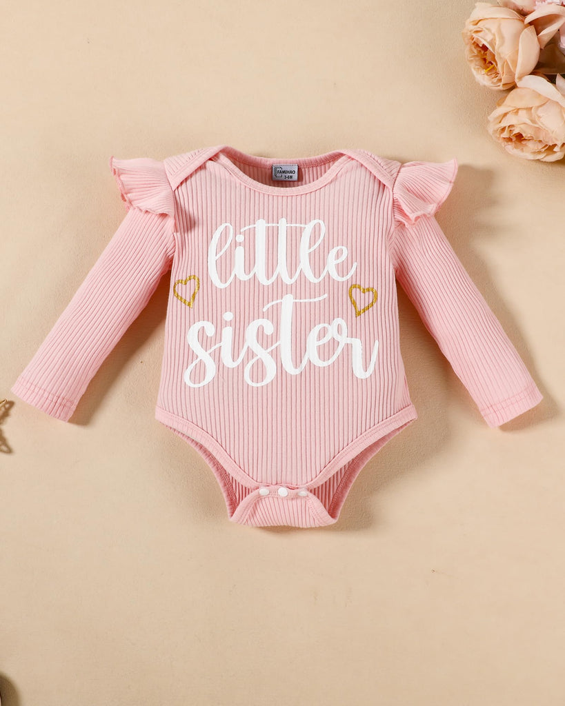 Big Sister Little Sister Matching Outfits Rib Knit Ruffle Long Sleeve Romper Bell Bottoms Pant Sets Hat Headband