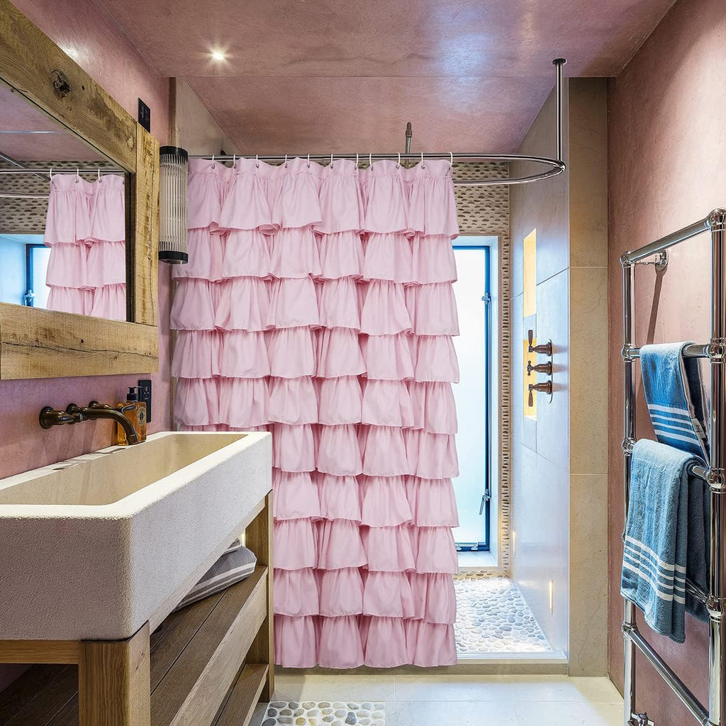 Pink Ruffle Farmhouse Rustic Fabric Cloth Shower Curtains, 72" x 72"