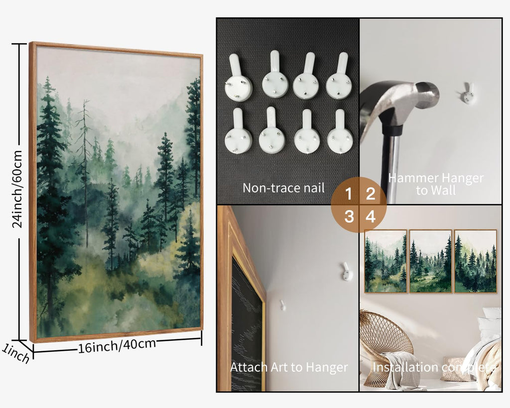 Watercolor Forest Framed Canvas Wall Art Set, Modern Pine Tree Wall Painting, Nature Foggy Landscape Wall Decor