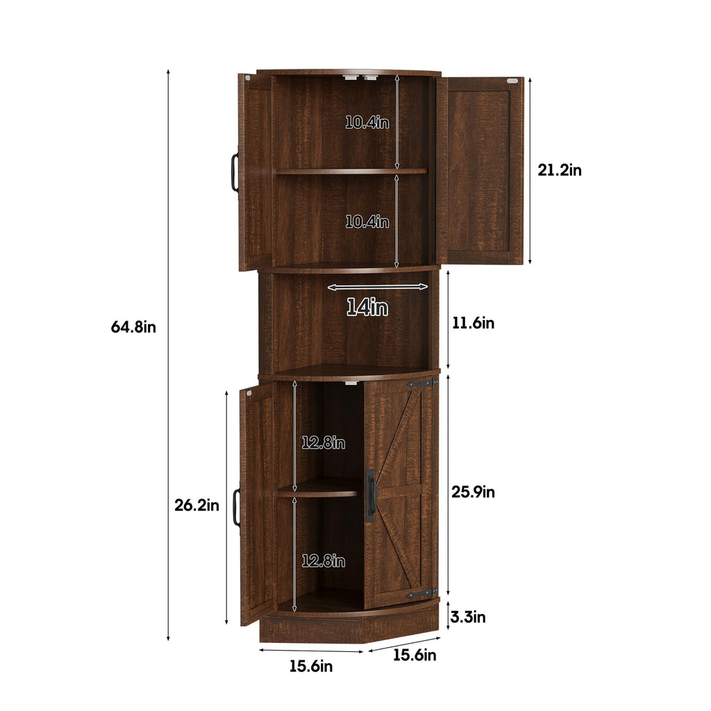 64.8" Tall Farmhouse Corner Cabinet with 4 Doors and 5 Storage Shelves, Farmhouse Storage Cabinet with Barn Door