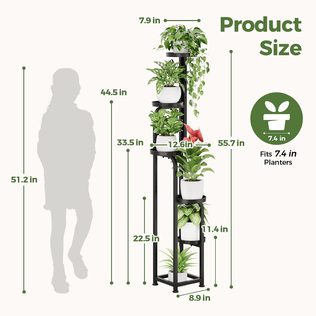 Tall Plant Stand Indoor Outdoor Corner Metal Flower Pot Stands | 5 Tier Black Heavy Duty Plant Shelf for Multiple